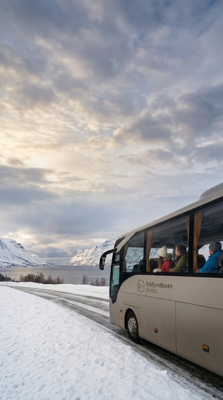 Buss fra Ersfjordbotn Arctic på snødekt vei ved fjorden med snøkledde fjell