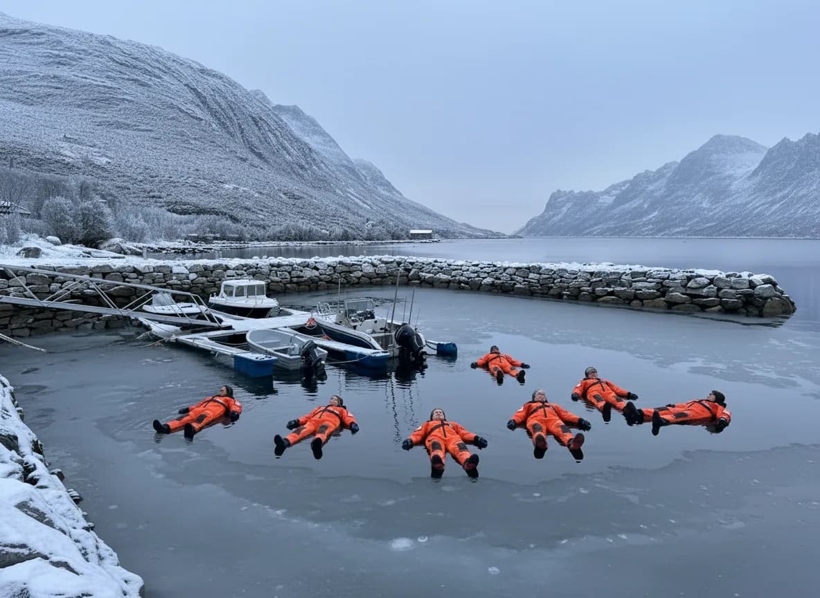 Floating i Ersfjorden en klar vinterdag med snødekte fjell