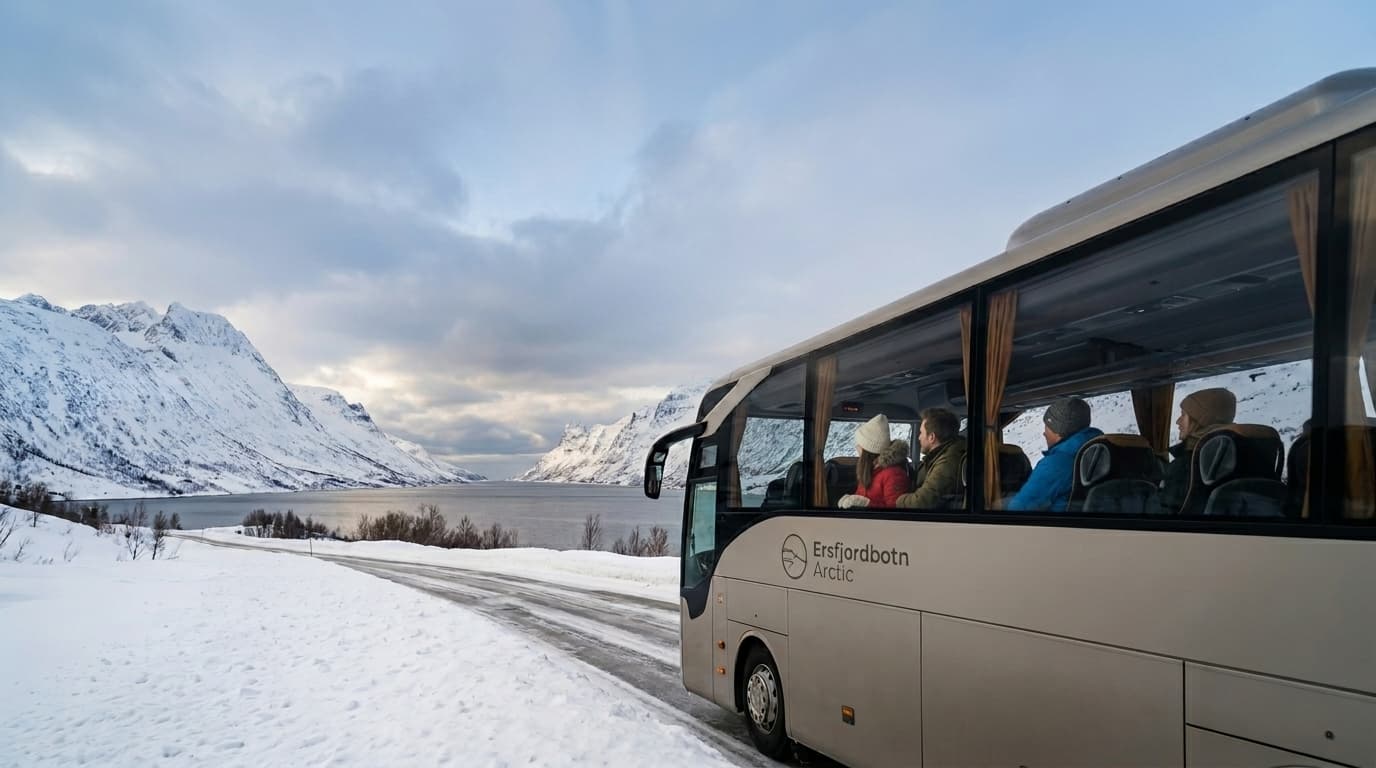 Buss fra Ersfjordbotn Arctic på snødekt vei ved fjorden med snøkledde fjell